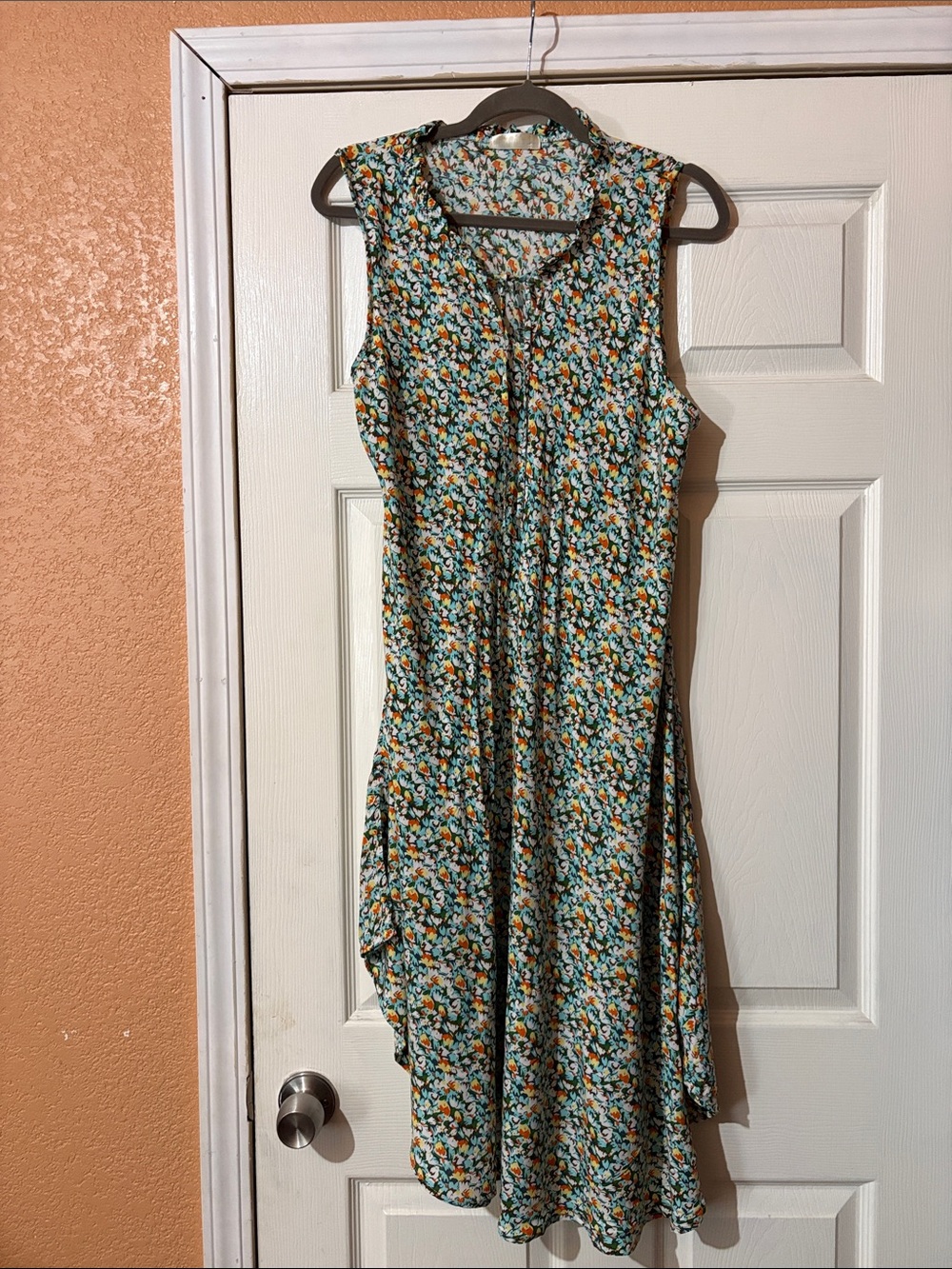 Sleeveless Floral Summer Dress in Teal and Orange